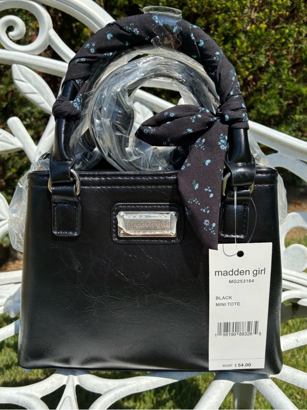 NWT!! Madden Girl Black Zipper Mini Tote with Floral Scarf Handle